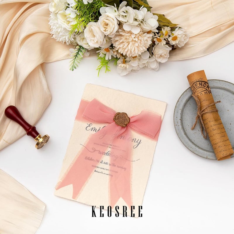KEOSREE 3 Rolls Blush Pink Handmade Chiffon Ribbon,1.5" x 21Yd Frayed Fringe Silk Ribbons (3 Rolls *7Yd) for Gifts Wrapping, Wedding Invitations, Bridal Bouquets, Decorations - Image 5
